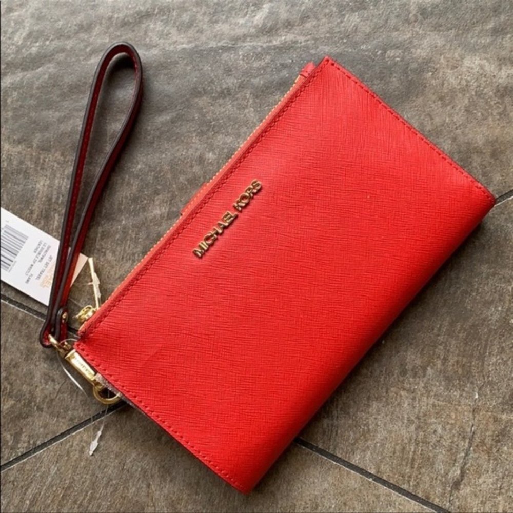 Michael Kors Large Double Zip Wristlet Leather Flame Color